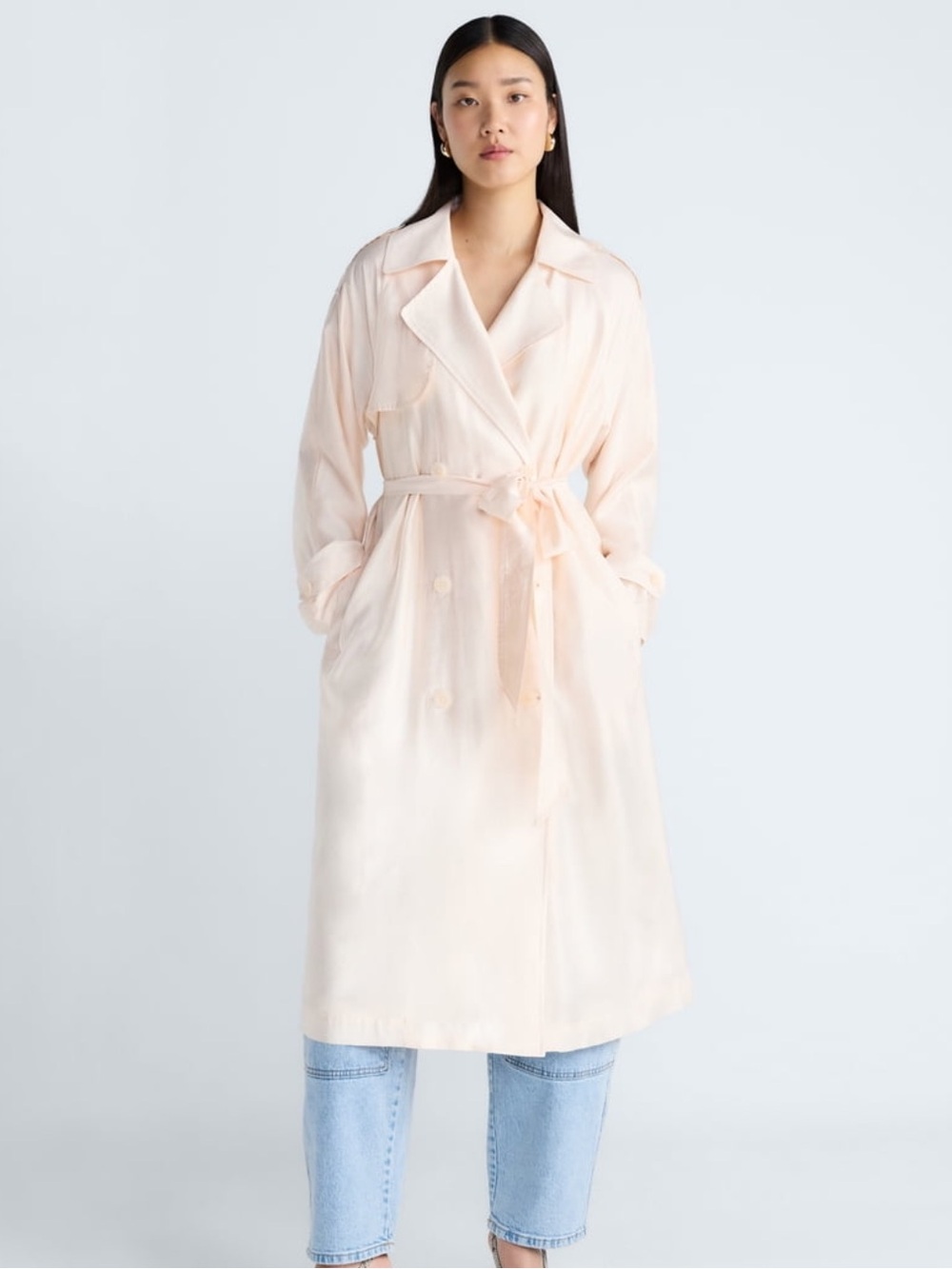 Light Peach Faux Satin Trench Coat with Belt